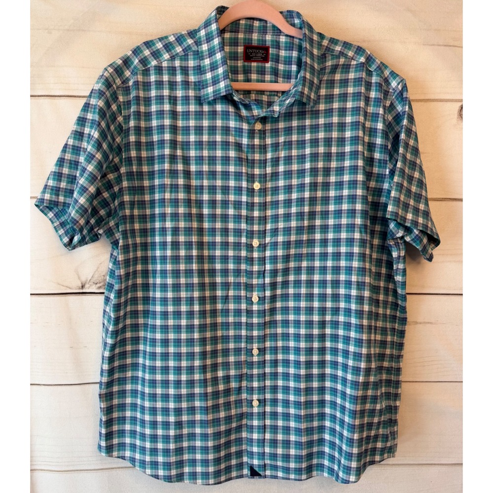 UNTUCKit Dameron WF Slim Fit Plaid Short Sleeve Shirt Blue Green Mens XXL 41571